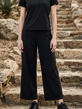 Athleta Athleisure Gramercy Track Pants SZ 10 Black Wide Leg Snap Hem Stretch